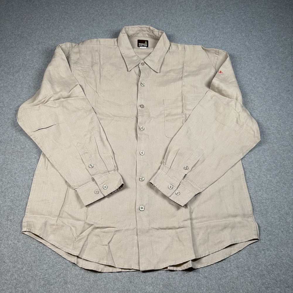 Vintage Y2K Weekendz Off 100% Linen XL Beige Button Shirt Mens Casual Monogram